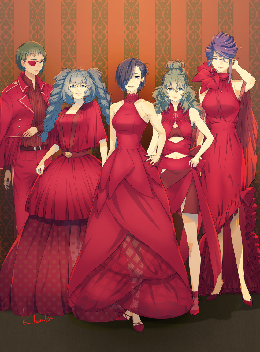 5girls, absurdres, alternate_costume, alternate_hair_length, alternate_hairstyle, artist_name, bangs, bare_arms