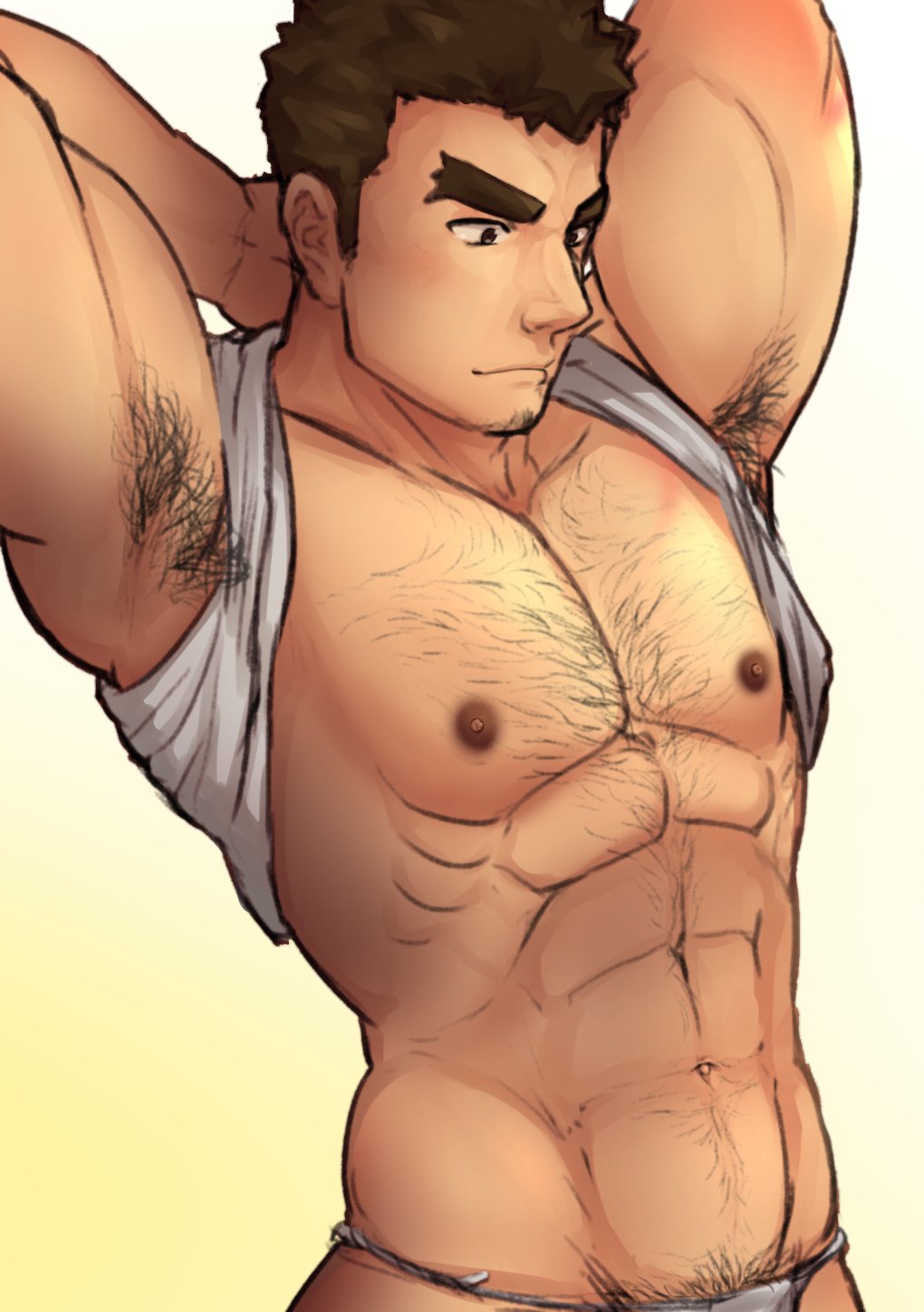 1boy, abs, armpits, arms_behind_head, bara, barry_go, blush, body_hair