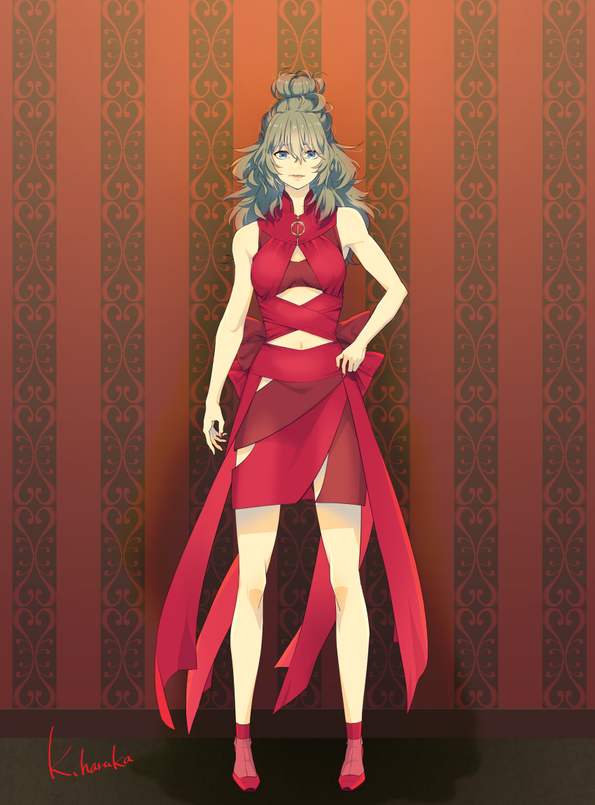 1girl, absurdres, alternate_costume, alternate_hairstyle, artist_name, bare_arms, bare_shoulders, breasts