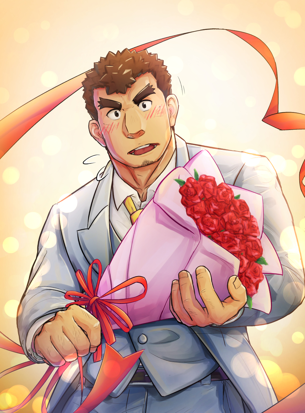 1boy, alternate_costume, bara, barry_go, blush, body_hair, bouquet, brown_hair