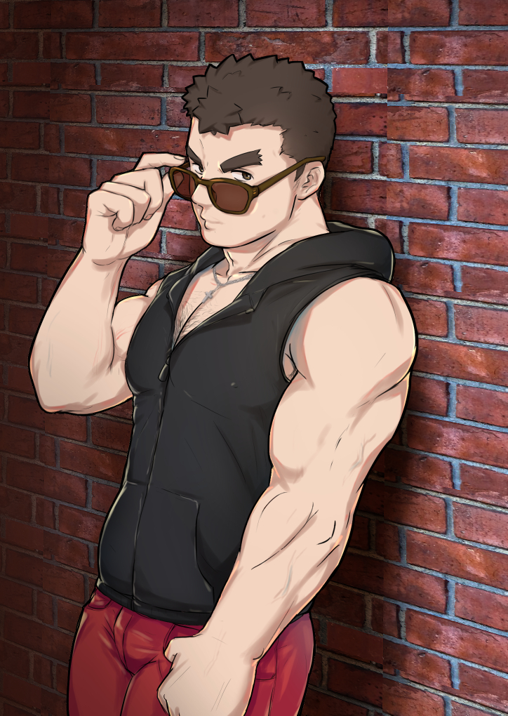 1boy, abs, adjusting_eyewear, bara, bare_shoulders, barry_go, blush, body_hair