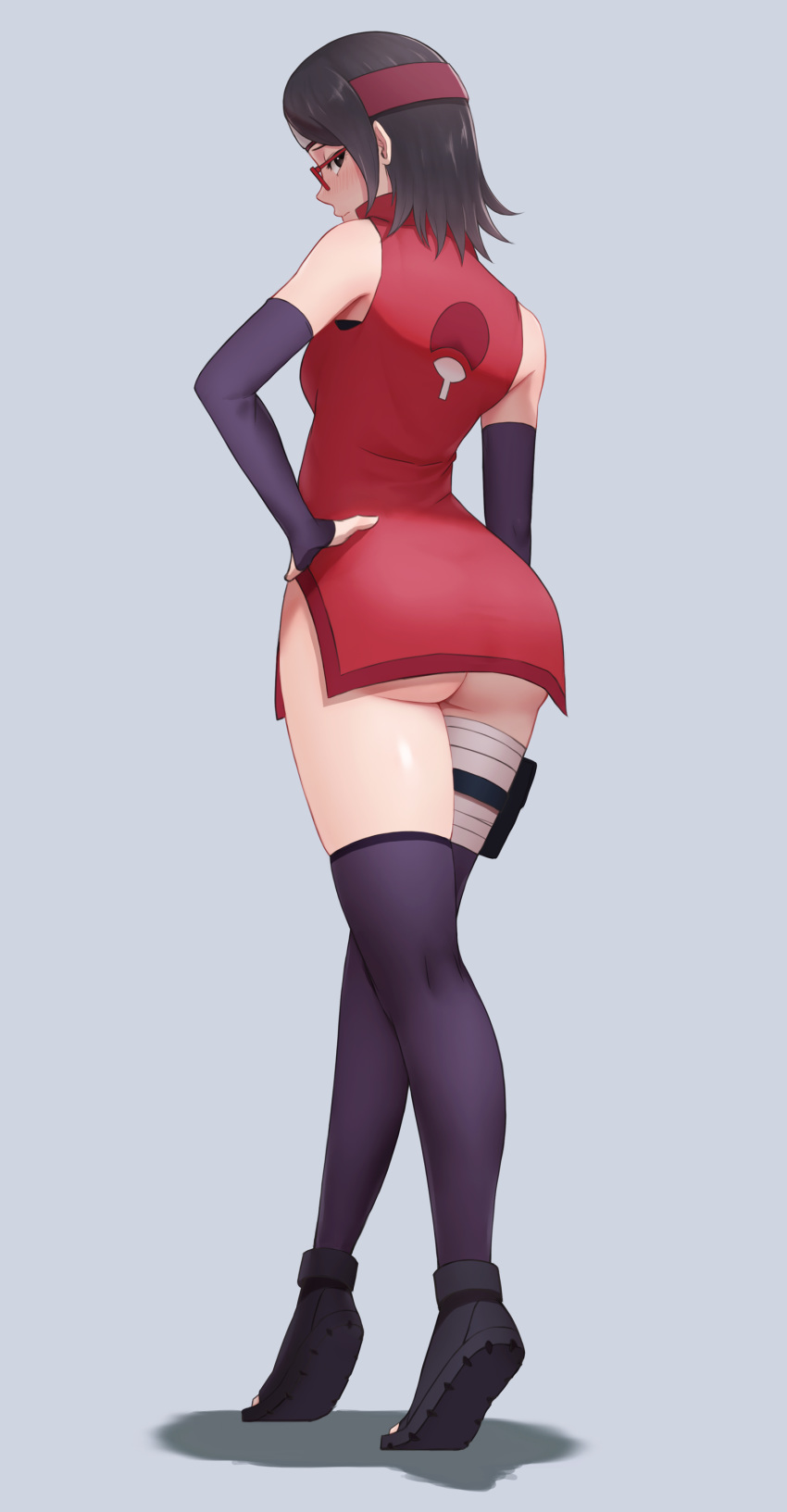 1girl, absurdres, ass, bangs, bare_shoulders, black_footwear, black_gloves, black_hair, black_legwear, boruto:_naruto_the_movie, commentary_request, dress, elbow_gloves, facing_away, from_behind, glasses, gloves, grey_background, highres, looking_at_viewer, miru_(wvjc7832), naruto, naruto_(series), red-framed_eyewear, red_dress, shoes, short_hair, simple_background, solo, thigh-highs, uchiha_sarada
