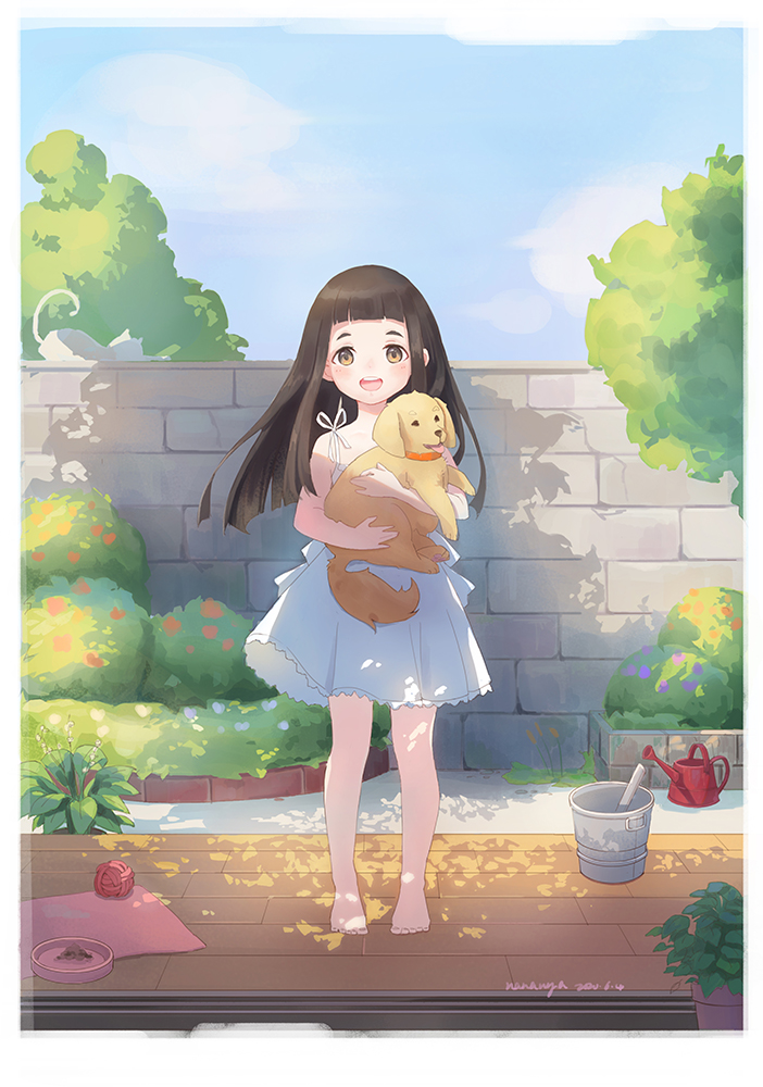 1girl, :d, artist_name, bangs, barefoot, black_hair, blunt_bangs, brown_eyes