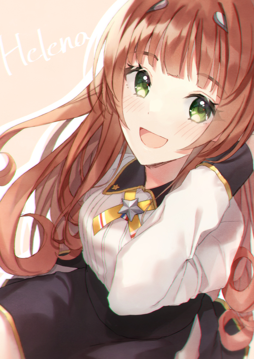 1girl, :d, absurdres, black_skirt, blush, brown_hair, character_name, chobo_ume