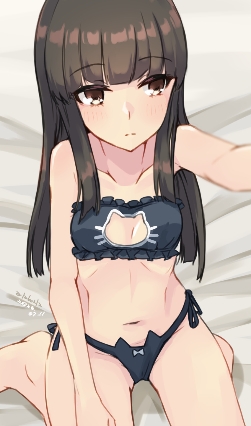 1girl, alakoala, bangs, black_bra, black_hair, black_panties, blunt_bangs, bra