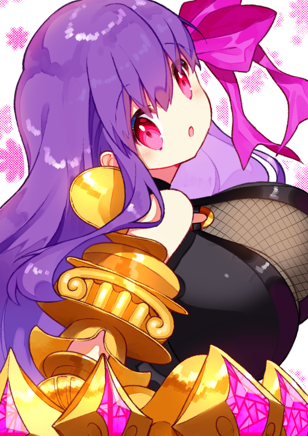 1girl, :o, belt_collar, blush, breasts, chomo_(kdeko), claws, collar, fate/extra, fate/extra_ccc, fate/grand_order, fate_(series), gigantic_breasts, hair_ribbon, highres, huge_breasts, long_hair, looking_at_viewer, o-ring, o-ring_top, open_mouth, passionlip, pink_eyes, pink_ribbon, purple_hair, ribbon, solo, upper_body