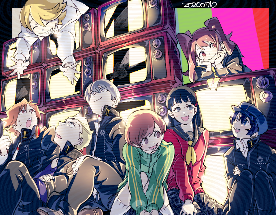 4boys, 4girls, amagi_yukiko, bangs, black_border, black_eyes, black_hair, black_skirt, blonde_hair, blue_eyes, border, brown_eyes, brown_hair, cabbie_hat, cardigan, closed_eyes, collared_shirt, crt, dated, green_jacket, grey_eyes, grey_hair, grin, hanamura_yousuke, hat, head_rest, houndstooth, jacket, kuga_hotaru, kujikawa_rise, kuma_(persona_4), long_hair, multiple_boys, multiple_girls, narukami_yuu, neckerchief, persona, persona_4, persona_4_the_golden, purple_shirt, rainbow_background, red_cardigan, satonaka_chie, school_uniform, shirogane_naoto, shirt, short_hair, skirt, smile, sweatdrop, t-shirt, tatsumi_kanji, television, track_jacket, twintails, white_shirt, yasogami_school_uniform, yellow_neckwear