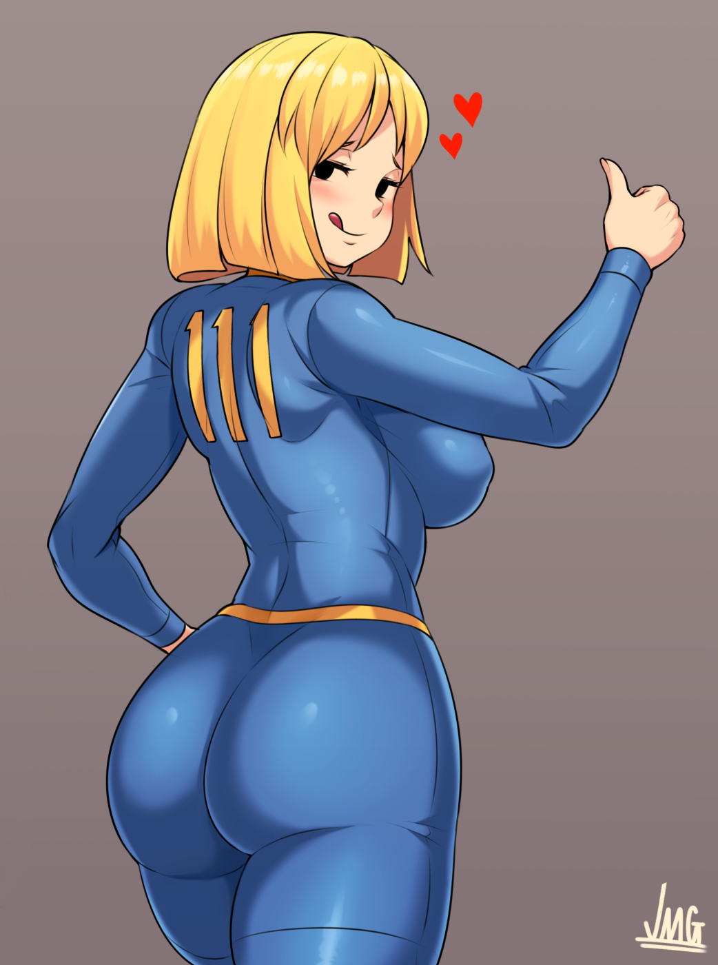 1girl, artist_name, ass, bangs, blonde_hair, blue_jumpsuit, blush, breasts