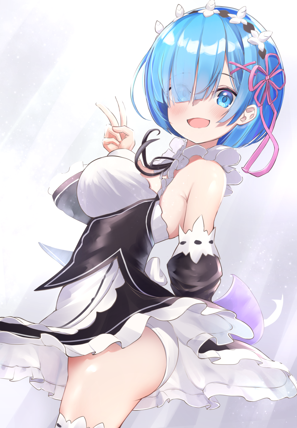1girl, arched_back, ass, bangs, black_ribbon, blue_eyes, blue_hair, blush