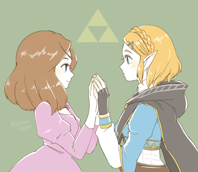2girls, bangs, blonde_hair, blue_eyes, braid, brown_hair, cape, crown_braid