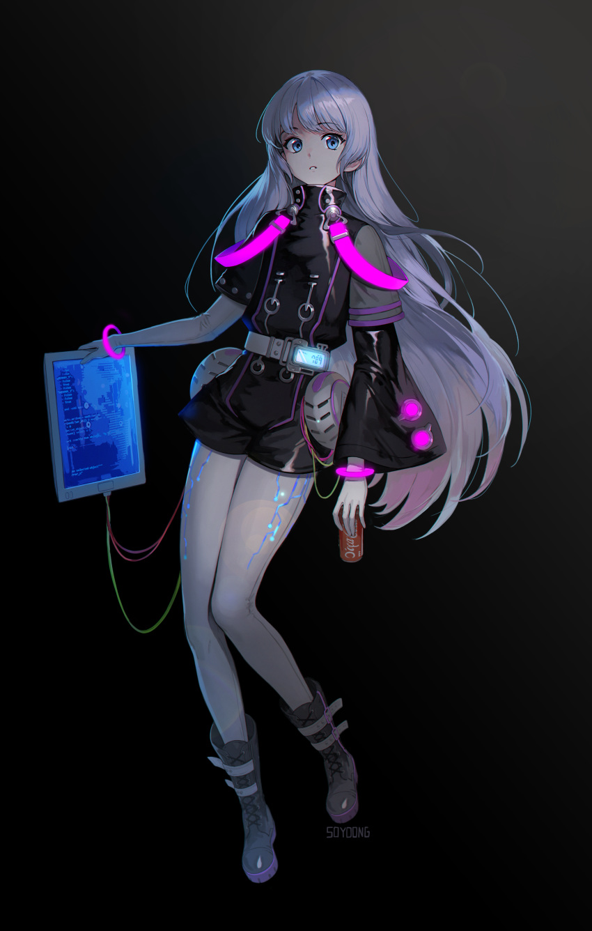 1girl, absurdres, artist_name, asymmetrical_clothes, asymmetrical_sleeves, belt, black_background, blue_eyes
