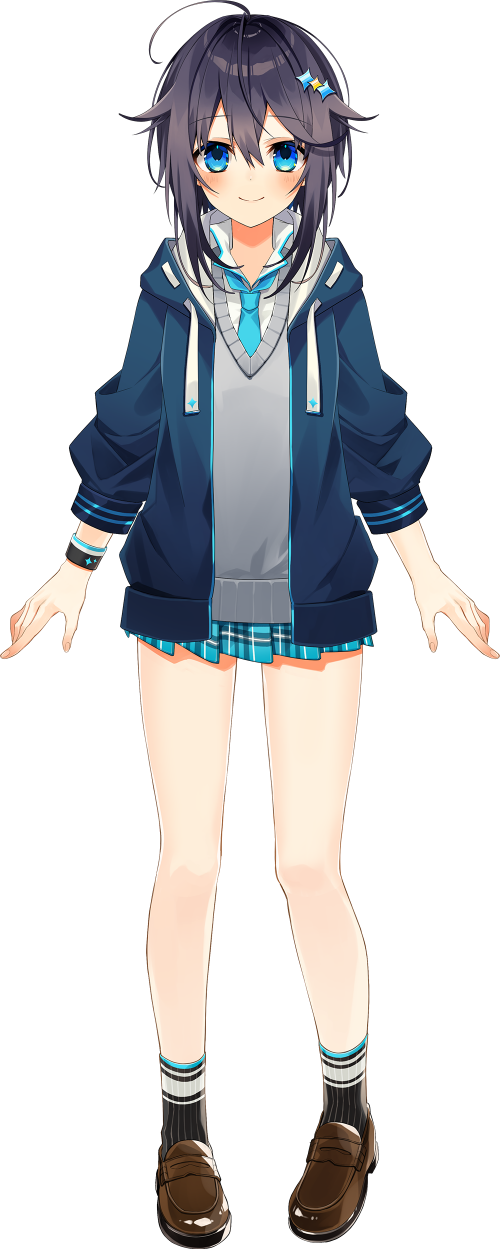 1girl, ahoge, bangs, black_hair, black_legwear, blue_eyes, blue_jacket, blue_neckwear
