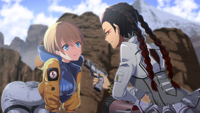 2girls, absurdres, all_fours, apex_legends, ass, bangs, blue_sky, bodysuit, braid, breasts, brown_hair, burn_scar, clouds, cloudy_sky, coat, commentary_request, cropped_jacket, day, eyebrows_visible_through_hair, eyelashes, eyeliner, facepaint, facial_scar, finger_on_trigger, gradient, gradient_hair, gun, hair_between_eyes, hair_slicked_back, handgun, highres, holding, holding_gun, holding_weapon, jacket, lichtenberg_figure, loba_(apex_legends), long_hair, long_sleeves, makeup, mau., mountain, multicolored_hair, multiple_girls, orange_jacket, outdoors, parted_lips, pistol, redhead, ribbed_sweater, scar, scar_on_cheek, sky, smile, squatting, sweater, turtleneck, turtleneck_sweater, twin_braids, undercut, wattson_(apex_legends), weapon, white_coat