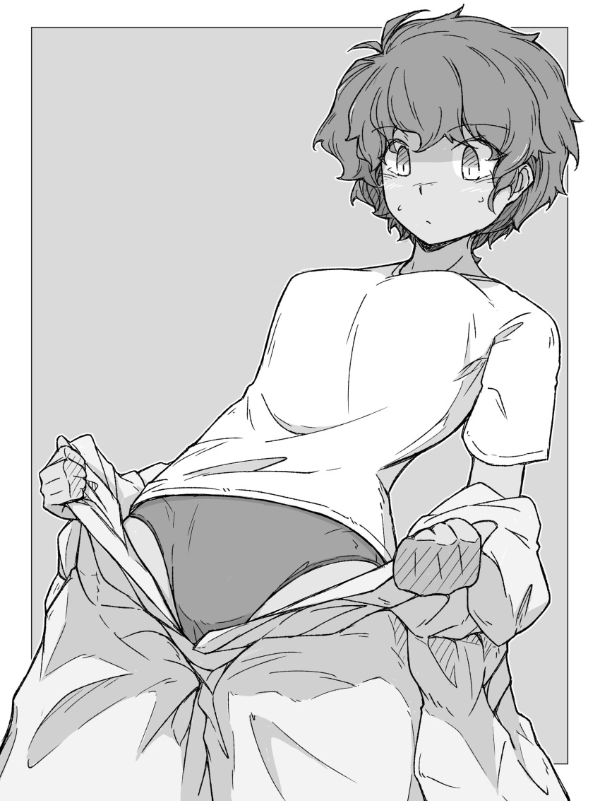 1girl, absurdres, bangs, closed_mouth, commentary, cowboy_shot, dark_skin, dressing, eyebrows_visible_through_hair, girls_und_panzer, greyscale, highres, jumpsuit, jumpsuit_lift, lifted_by_self, long_sleeves, looking_down, mechanic, monochrome, outside_border, panties, renshiu, shirt, short_hair, short_sleeves, solo, standing, suzuki_(girls_und_panzer), sweat, t-shirt, underwear