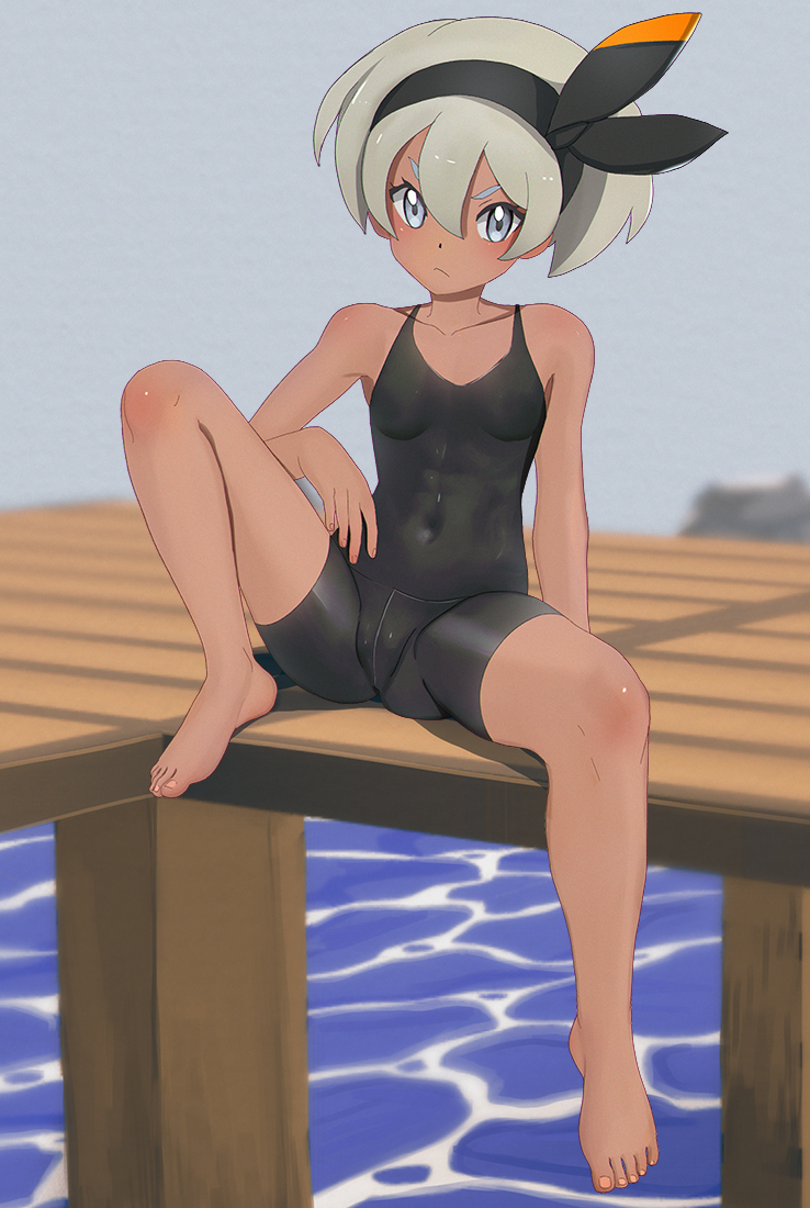 1girl, :<, aruman, barefoot, black_bodysuit, black_hairband, bodysuit, breasts, closed_mouth, collarbone, commentary, covered_navel, feet, grey_eyes, grey_hair, gym_leader, hair_between_eyes, hairband, looking_at_viewer, pier, pokemon, pokemon_(game), pokemon_swsh, saitou_(pokemon), short_hair, sitting, solo, spread_legs, toes, water