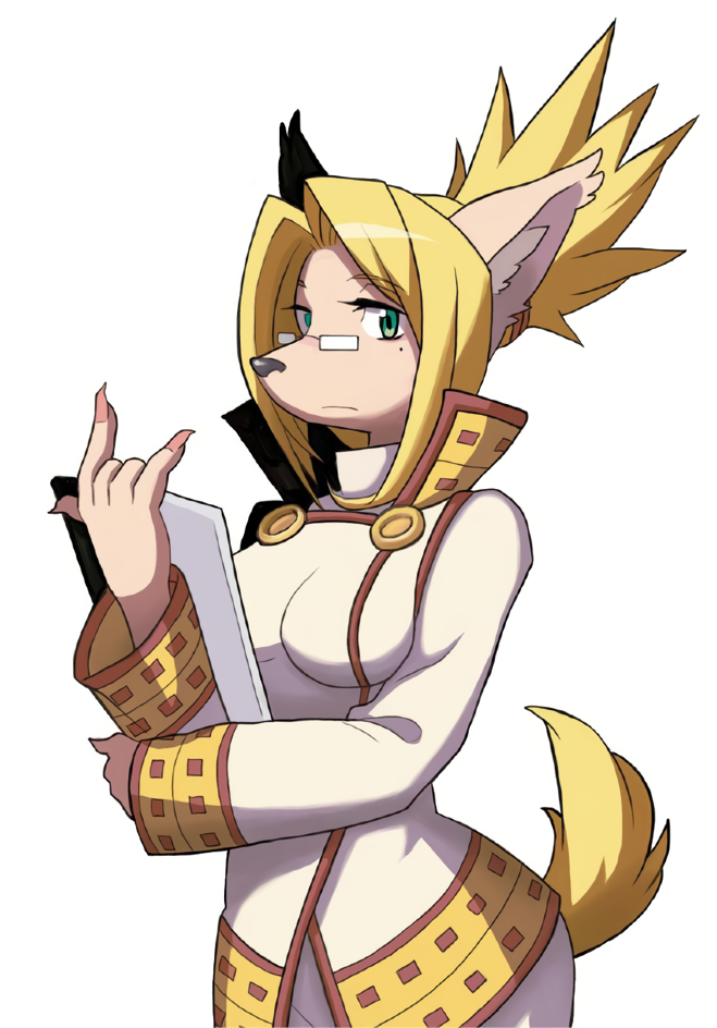 1girl, animal_ears, blonde_hair, dog_ears, dog_tail, expressionless, furry, green_eyes, holding, long_hair, long_sleeves, merveille_million, mole, mole_under_eye, notepad, official_art, popped_collar, rectangular_eyewear, simple_background, solatorobo, solo, tail, updo, white_background