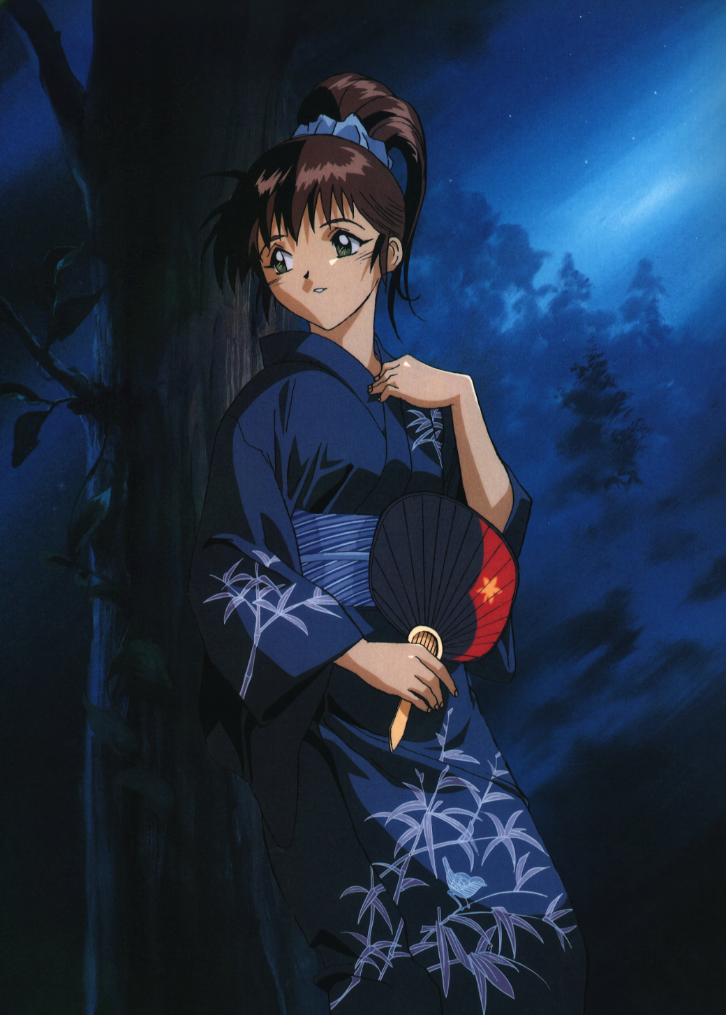 1990s_(style), 1girl, against_tree, animal_print, bird_print, blue_kimono, blue_seed, blue_theme