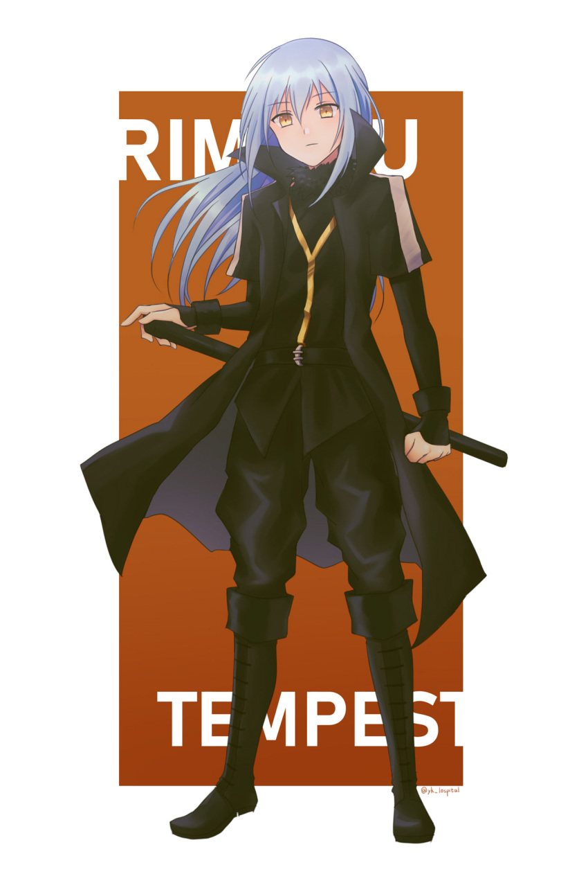 1girl, bangs, black_coat, black_footwear, black_pants, blue_hair, boots, character_name