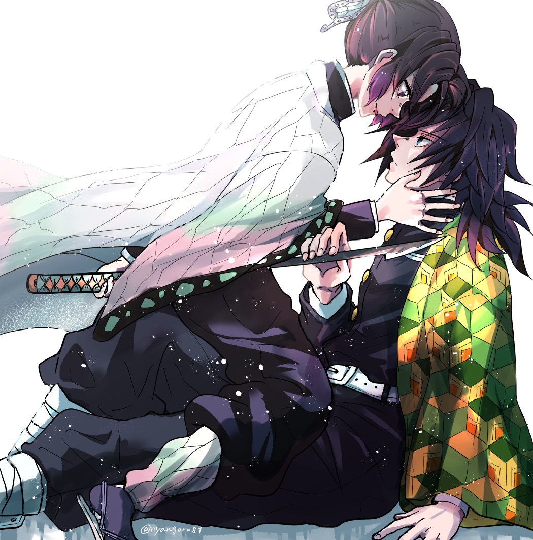 1boy, 1girl, belt, belt_buckle, black_hair, black_jacket, black_legwear, black_pants, buckle, butterfly_hair_ornament, closed_mouth, eye_contact, from_side, girl_on_top, hair_ornament, haori, holding, holding_sword, holding_weapon, jacket, japanese_clothes, katana, kimetsu_no_yaiba, kochou_shinobu, long_hair, long_sleeves, looking_at_another, nyangorobei, pants, profile, purple_hair, short_hair, smile, sword, tomioka_giyuu, weapon, white_belt
