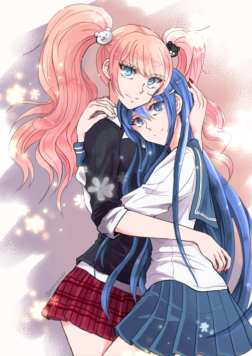 2girls, bangs, bear_hair_ornament, blue_eyes, blue_hair, blue_nails, blue_sailor_collar, blue_skirt