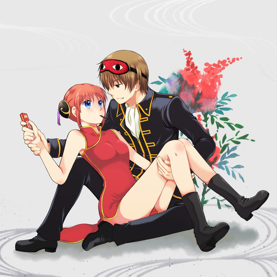 1boy, 1girl, black_footwear, black_jacket, black_pants, blue_eyes, boots, breasts, brown_hair, bun_cover, china_dress, chinese_clothes, closed_mouth, dress, eye_contact, full_body, gintama, grey_background, hair_bun, jacket, kagura_(gintama), long_sleeves, looking_at_another, military, military_uniform, mouth_hold, okita_sougo, orange_hair, pants, red_dress, red_eyes, shiny, shiny_hair, short_hair, side_slit, sitting, sleeveless, sleeveless_dress, small_breasts, uniform, white_neckwear, wrist_grab, yashuu_tooya