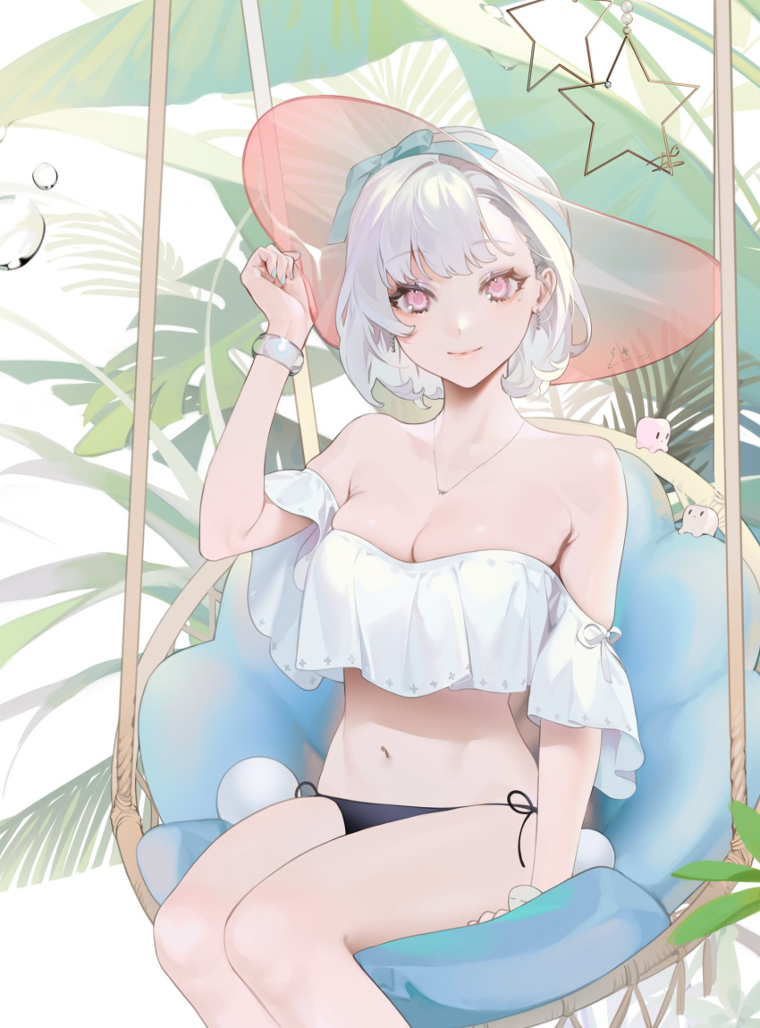 1girl, bangs, bare_shoulders, bikini, black_bikini, breasts, commentary_request, eyebrows_visible_through_hair, green_ribbon, hand_on_headwear, hanging_chair, hat, hat_ribbon, highres, jewelry, looking_at_viewer, nacchan_(ohisashiburi), navel, necklace, ohisashiburi, original, ribbon, short_hair, short_sleeves, sitting, smile, solo, star_(symbol), sun_hat, swimsuit