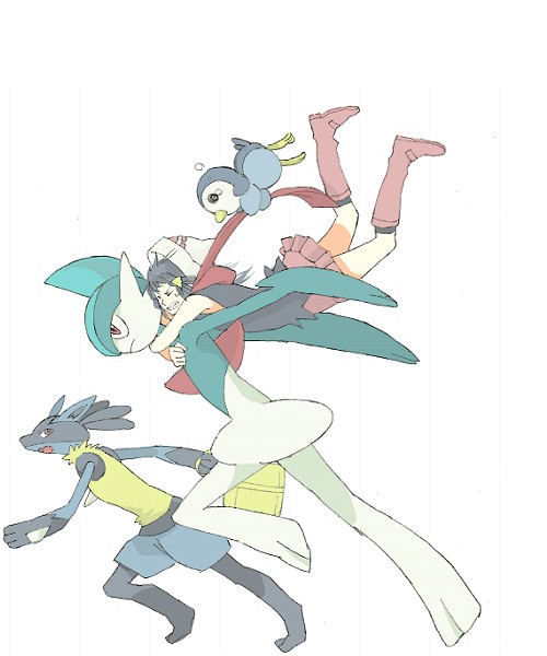 1girl, black_hair, carrying, closed_eyes, gallade, hikari_(pokemon), lucario, oekaki