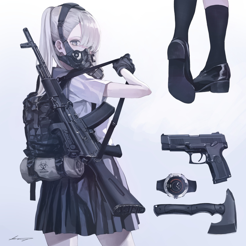 1girl, absurdres, ak-74, assault_rifle, axe, backpack, bag, bangs, black_footwear, black_gloves, blunt_bangs, eyebrows_visible_through_hair, eyes_visible_through_hair, gas_mask, gloves, grey_background, grey_eyes, gun, handgun, highres, koh_(minagi_kou), loafers, long_hair, looking_at_viewer, looking_back, mp443, original, pleated_skirt, ponytail, rifle, school_uniform, shoes, short_sleeves, silver_hair, skirt, socks, solo, watch, watch, weapon