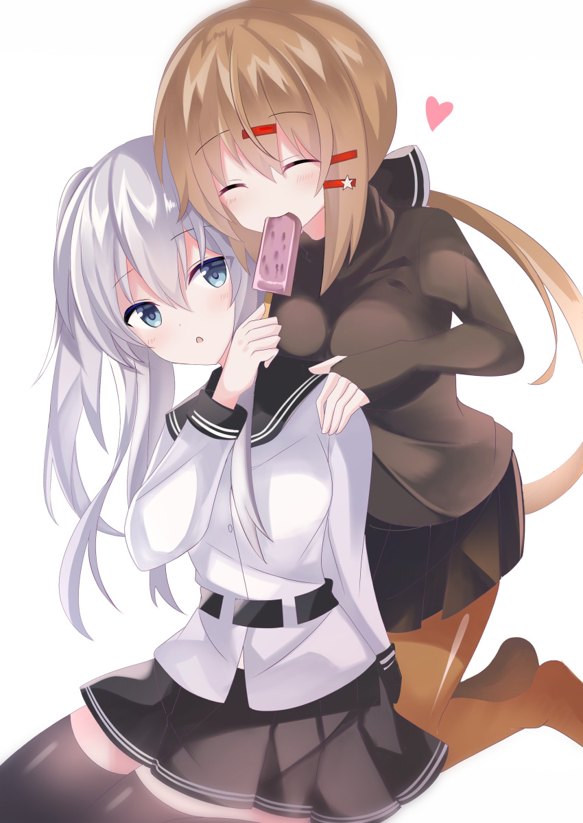 2girls, absurdres, black_bow, black_legwear, black_skirt, blue_eyes, bow, brown_hair, brown_legwear, closed_eyes, eyebrows_visible_through_hair, fathom, food, food_in_mouth, hair_bow, hand_on_another's_shoulder, heart, hibiki_(kantai_collection), highres, holding, holding_food, ice_cream, kantai_collection, kneeling, long_hair, long_sleeves, looking_at_another, low_twintails, multiple_girls, pantyhose, pleated_skirt, school_uniform, serafuku, silver_hair, simple_background, skirt, tashkent_(kantai_collection), thigh-highs, twintails, verniy_(kantai_collection), white_background
