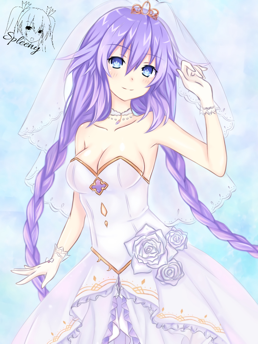 1girl, artist_name, bare_shoulders, blue_eyes, breasts, commentary, dress, hair_ornament