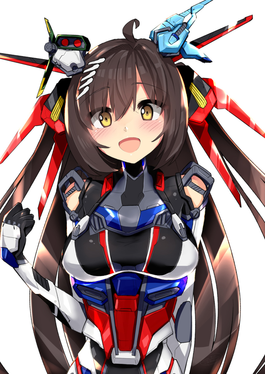1girl, arm_behind_back, blush, breasts, brown_hair, clenched_hand, commentary, commission