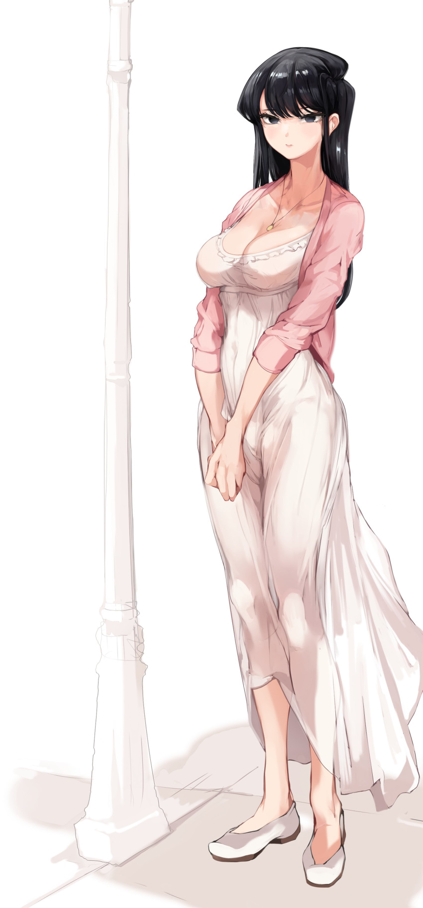 1girl, absurdres, black_eyes, black_hair, breasts, cleavage, dress, flowing_hair