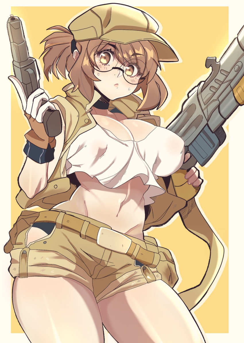 1girl, baseball_cap, belt, breasts, eyebrows_visible_through_hair, fingerless_gloves, fio_germi, glasses
