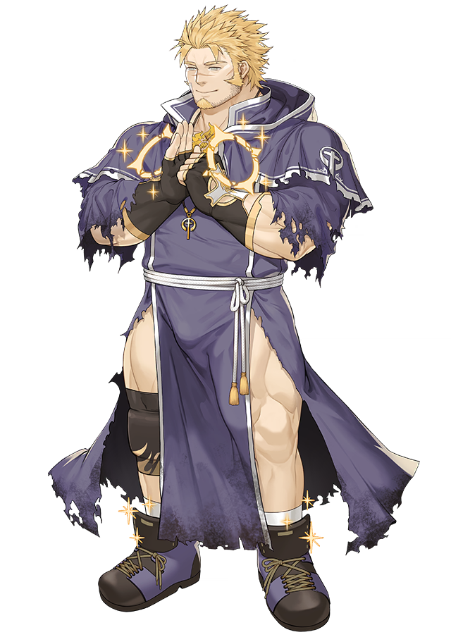 1boy, bara, beard, blonde_hair, bulge, chest, closed_eyes, facial_hair, fingerless_gloves, full_body, gloves, goatee, gomtang, hood, hood_down, hoodie, jacob_(tokyo_houkago_summoners), jewelry, looking_at_viewer, looking_down, male_focus, manly, muscle, necklace, official_art, scar, shoes, simple_background, socks, solo, sparkle, thighs, tokyo_houkago_summoners, torn_clothes, yellow_eyes