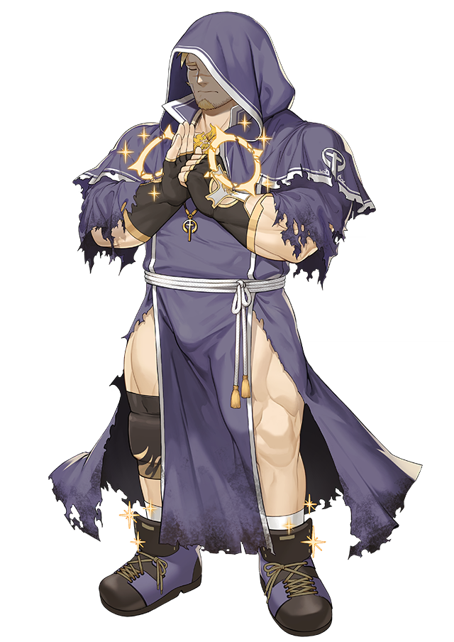 1boy, bara, beard, blonde_hair, bulge, chest, closed_eyes, facial_hair, fingerless_gloves, full_body, gloves, goatee, gomtang, hood, hood_up, jacob_(tokyo_houkago_summoners), jewelry, male_focus, manly, muscle, necklace, official_art, shoes, simple_background, socks, solo, sparkle, thighs, tokyo_houkago_summoners, torn_clothes