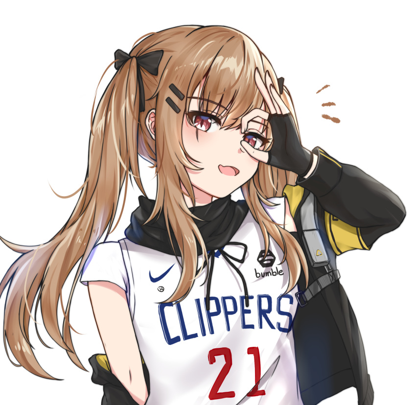 1girl, armband, basketball_jersey, black_gloves, black_scarf, black_skirt, blush, brown_eyes