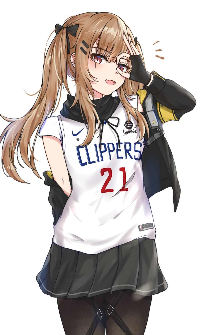 1girl, absurdres, armband, basketball_jersey, black_gloves, black_legwear, black_scarf, black_skirt