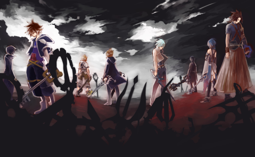 2girls, 6+boys, aqua_(kingdom_hearts), armor, black_coat_(kingdom_hearts), black_hair, blonde_hair, blue_eyes, blue_hair, brown_hair, cloak, gloves, holding, holding_weapon, hood, jewelry, keyblade, kingdom_hearts, meka_(totto18), multiple_boys, multiple_girls, necklace, riku, riku_replica, roxas, short_hair, silver_hair, sora_(kingdom_hearts), terra_(kingdom_hearts), ventus, weapon, xion_(kingdom_hearts)