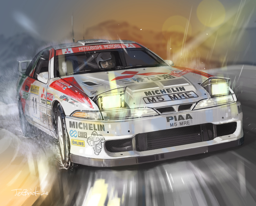1boy, car, drifting, driving, ground_vehicle, jettoburikku, mitsubishi, mitsubishi_eclipse_ev2, mitsubishi_motors, motion_blur, motor_vehicle, rain, signature, vehicle_focus, wet