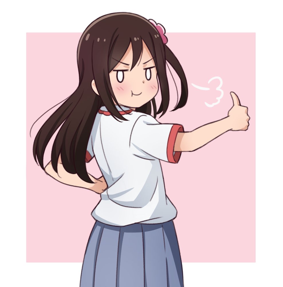 1girl, :i, =3, blush, border, brown_hair, collared_shirt, commentary_request, cowboy_shot, flower, grey_skirt, hair_flower, hair_ornament, hand_on_hip, hitori_bocchi, hitoribocchi_no_marumaru_seikatsu, kousin, long_hair, looking_at_viewer, outside_border, pink_background, pleated_skirt, school_uniform, shirt, shirt_tucked_in, skirt, smug, solo, standing, thumbs_up, v-shaped_eyebrows, white_border, white_shirt
