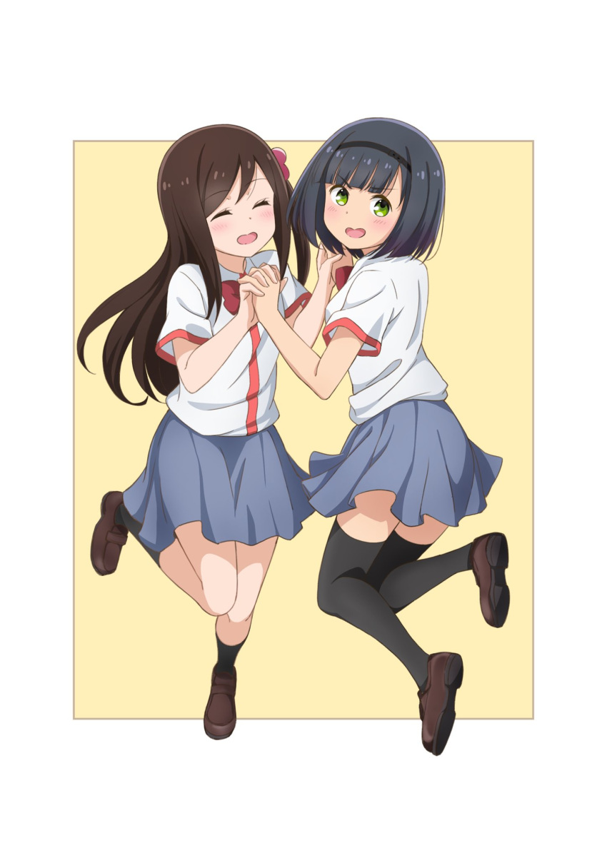 2girls, black_hairband, black_legwear, blush, brown_footwear, brown_hair, closed_eyes, collared_shirt