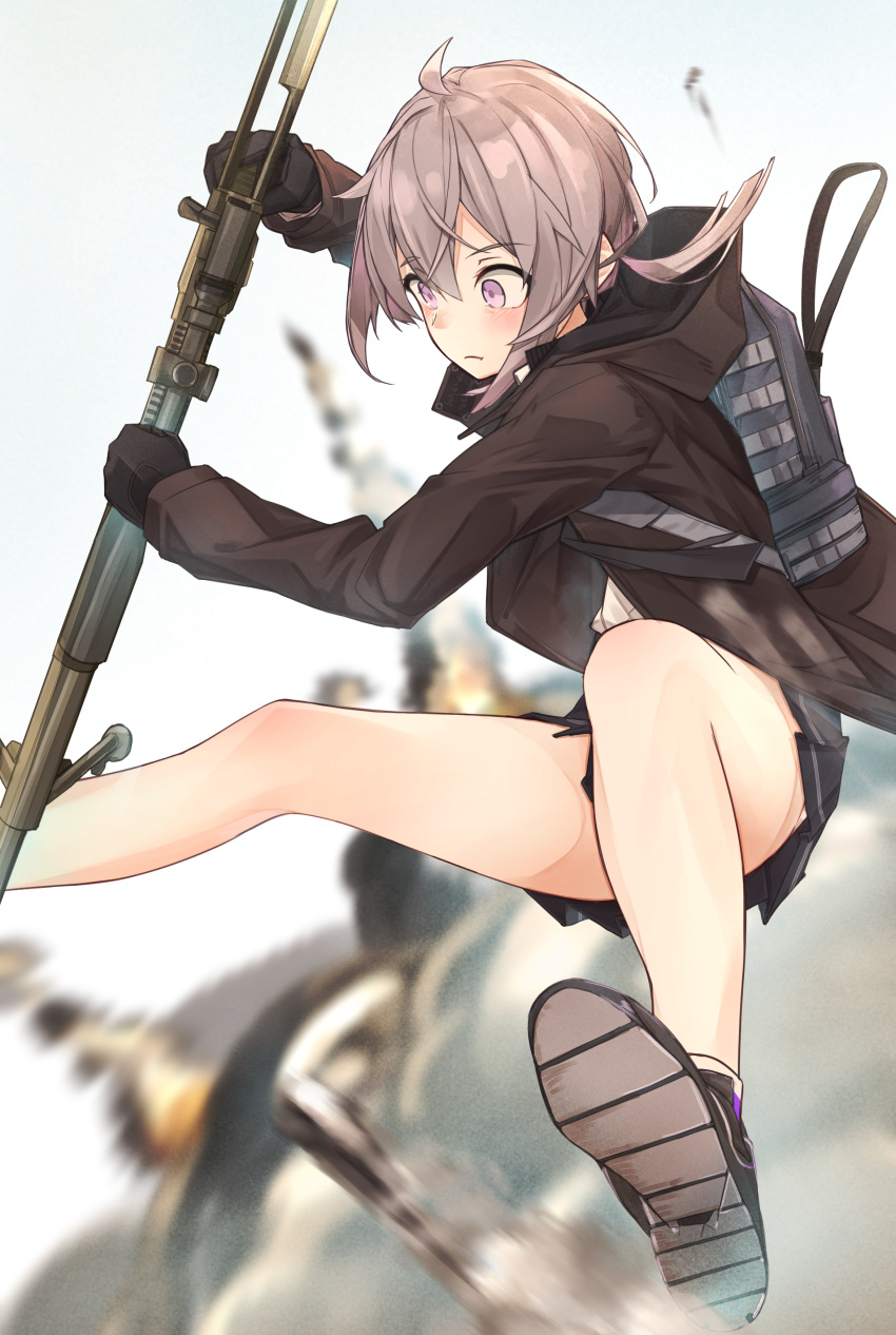 1girl, absurdres, ahoge, backpack, bag, bipod, black_gloves, black_jacket