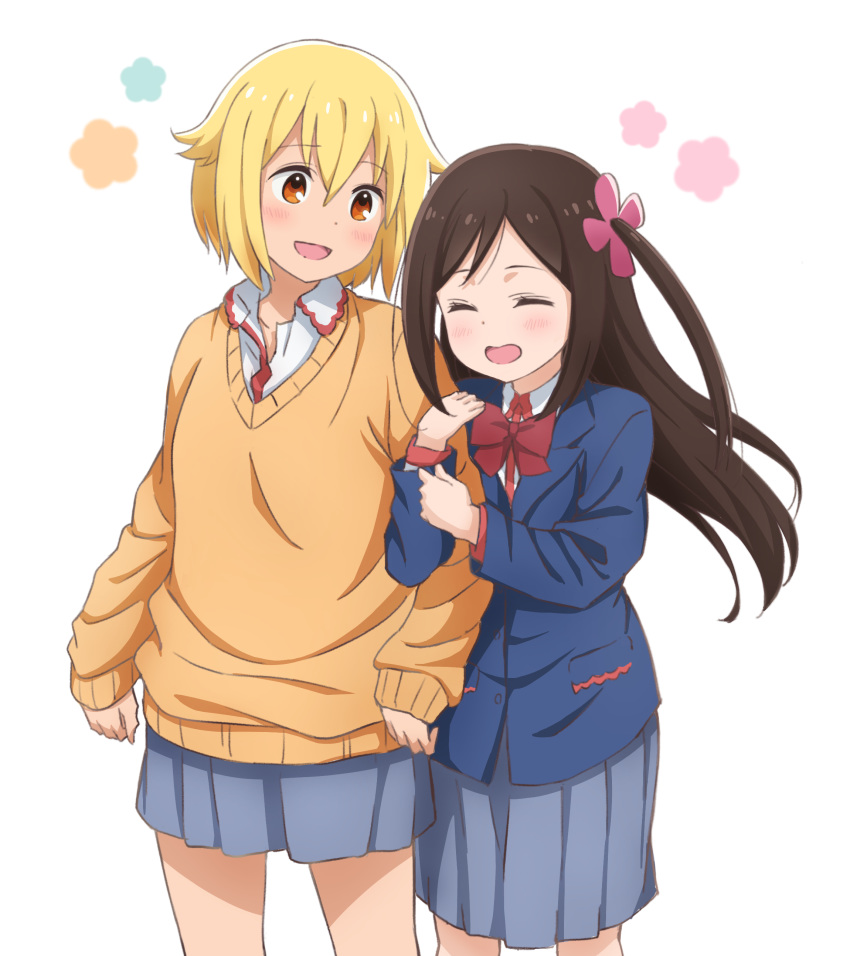 2girls, :d, absurdres, blazer, blonde_hair, blue_jacket, blush, bow