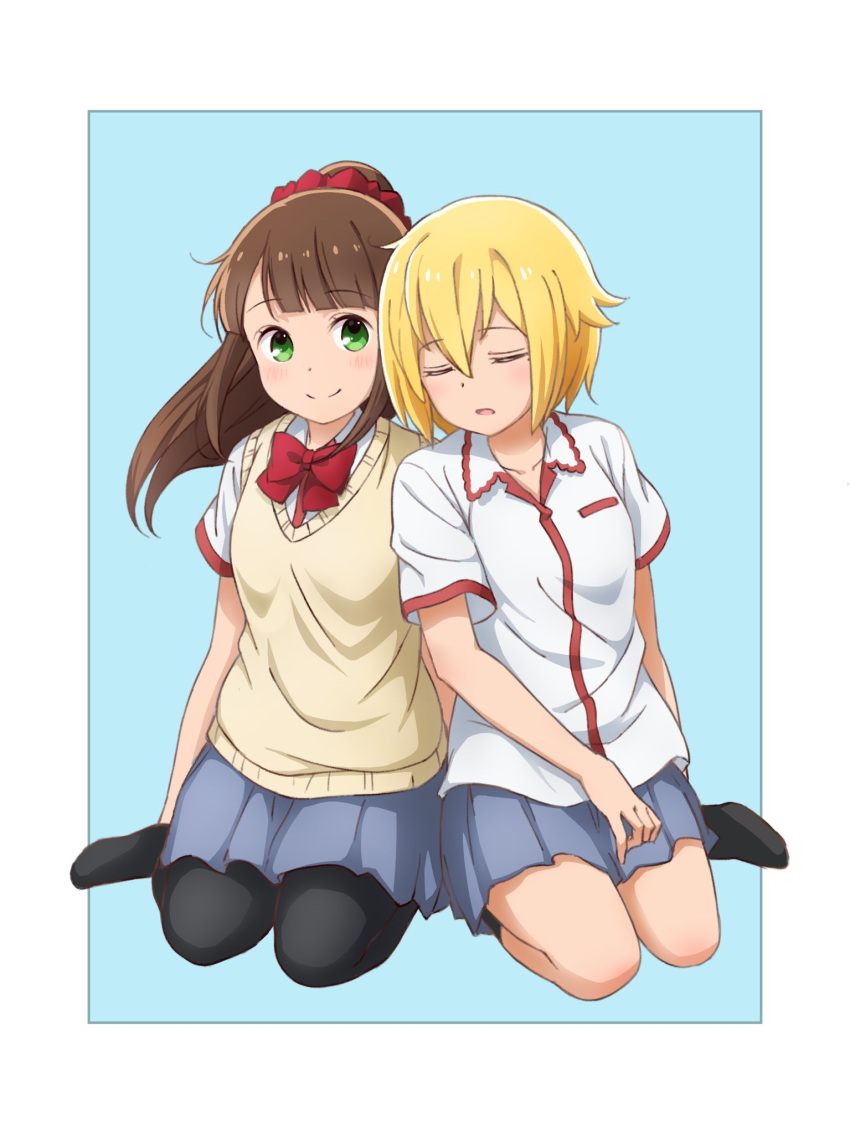 2girls, black_legwear, blonde_hair, blue_background, blush, border, bow, brown_hair