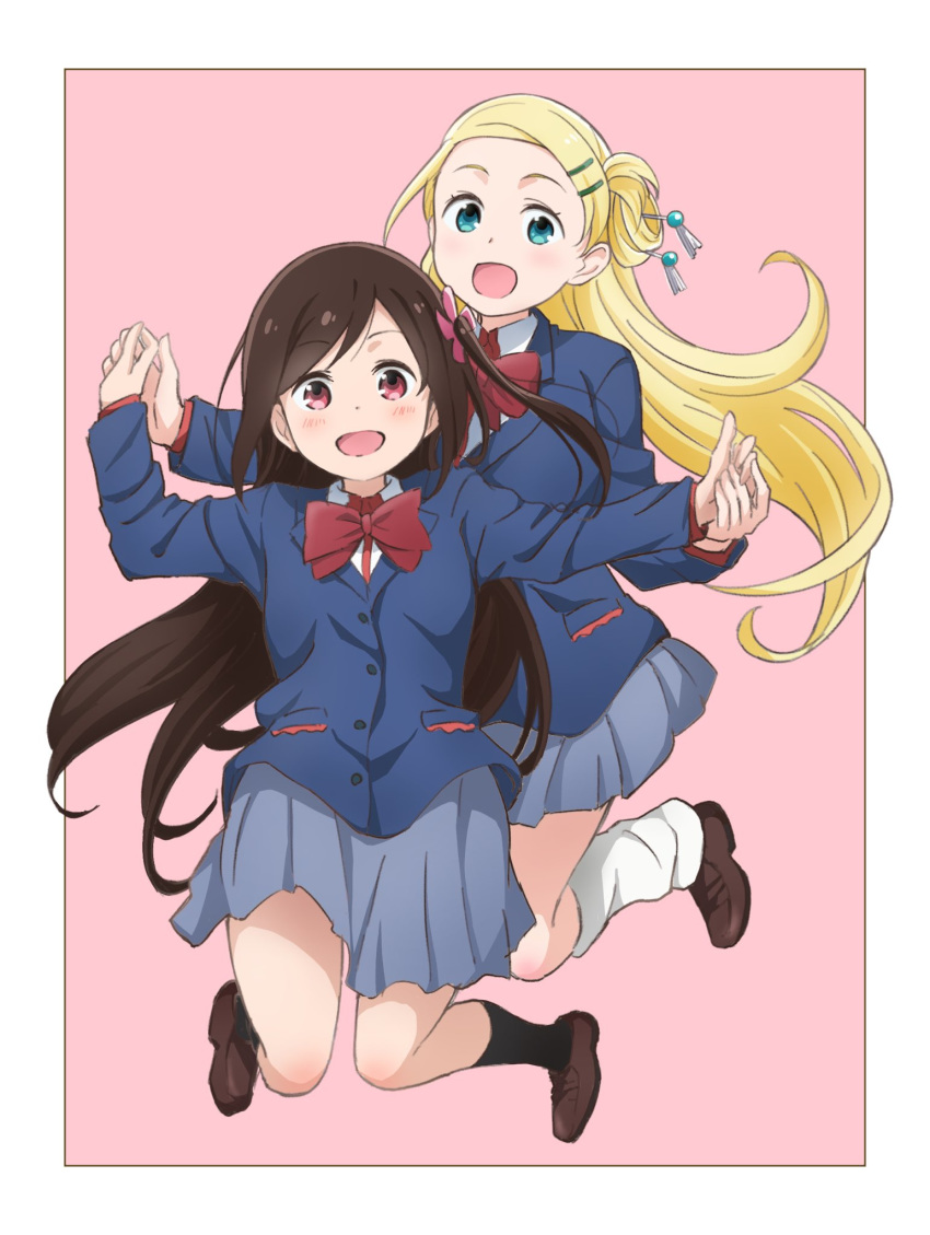 2girls, :d, black_legwear, blazer, blonde_hair, blue_jacket, blush, bow