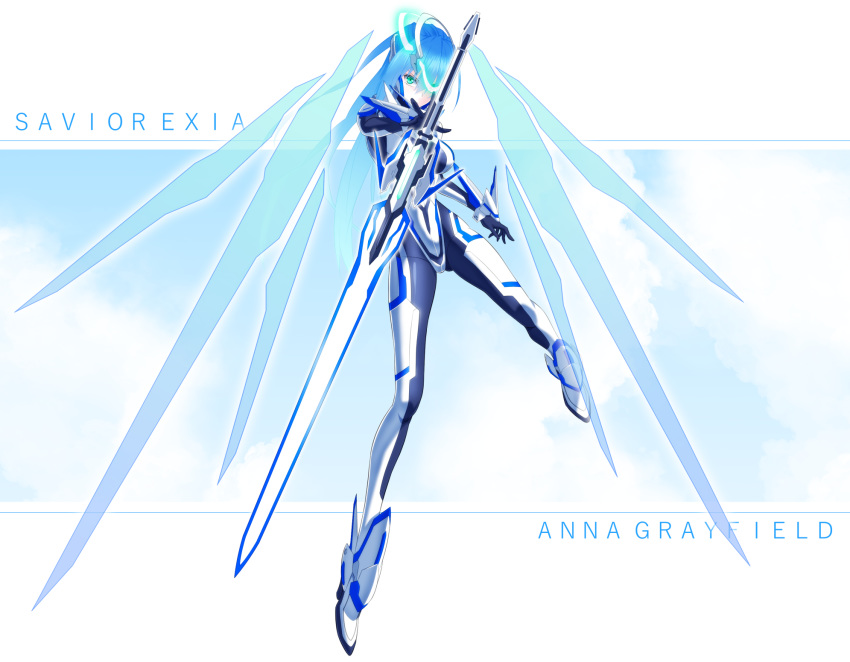 1girl, blue_hair, bodysuit, commentary_request, energy_wings, full_body, green_eyes, headgear, highres, kamenn, long_hair, looking_at_viewer, magical_girl, mechanical_halo, original, skin_tight, solo, sword, weapon