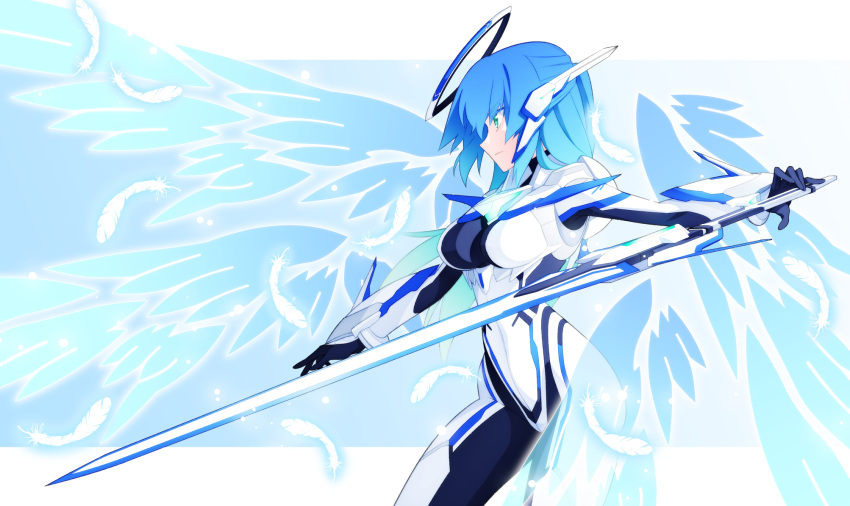 1girl, blue_hair, bodysuit, commentary_request, covered_navel, energy_wings, feathers, green_eyes, headgear, highres, kamenn, letterboxed, magical_girl, mechanical_halo, multiple_wings, original, seraph, serious, skin_tight, solo, sword, weapon, wings