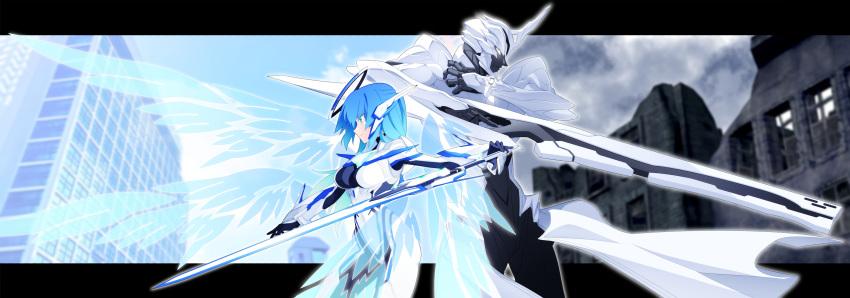 1boy, 1girl, absurdres, angel_wings, back-to-back, blue_hair, bodysuit, bracelet