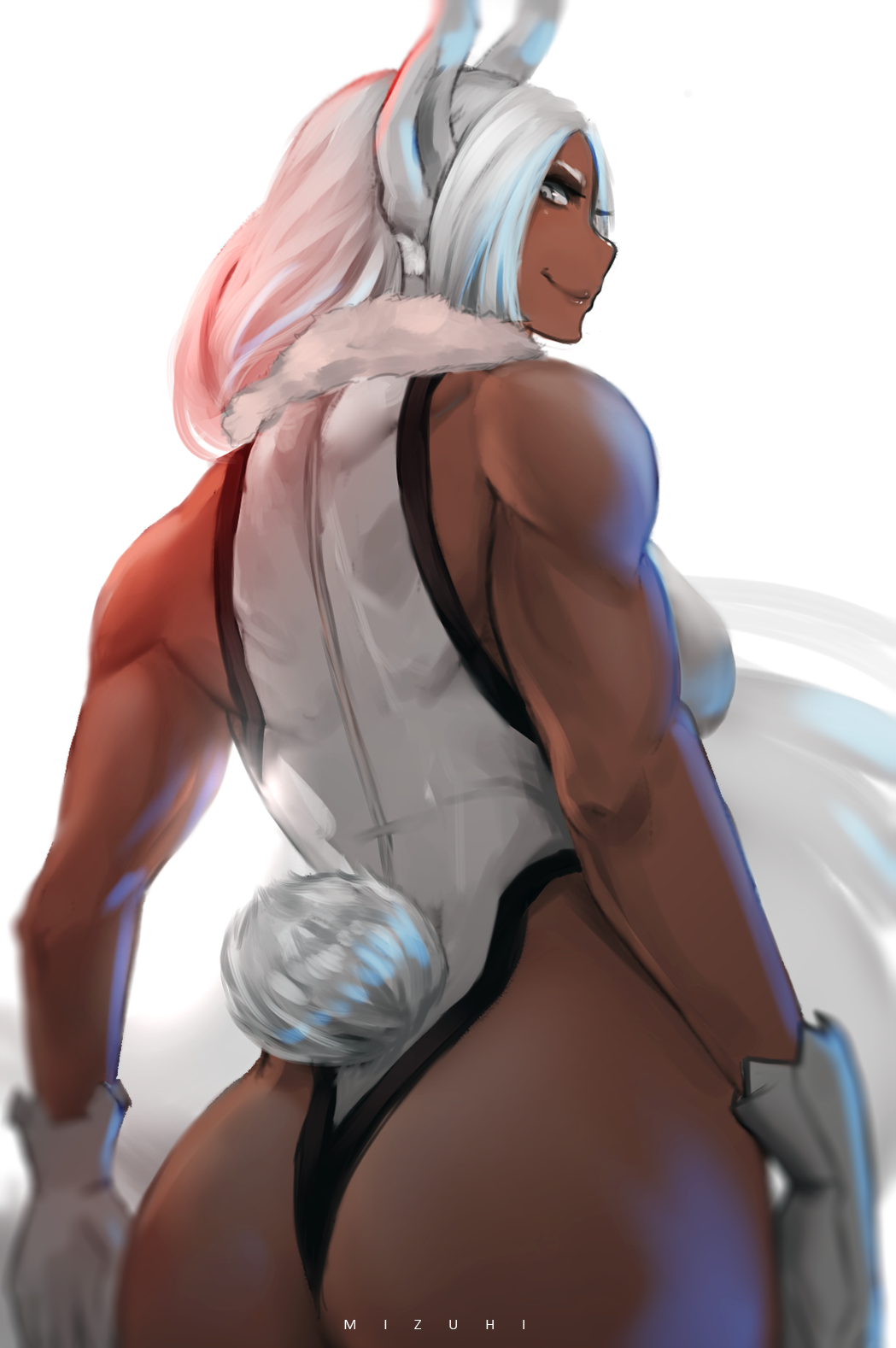 1girl, animal_ears, ass, backlighting, boku_no_hero_academia, breasts, bunny_tail, dark_skin