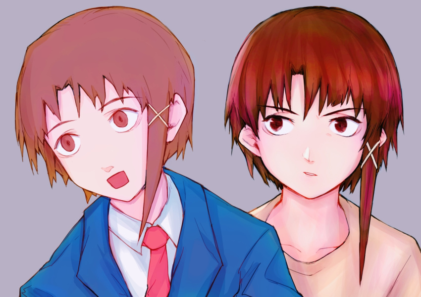 1girl, asymmetrical_hair, brown_eyes, brown_hair, collared_shirt, dorothy_xi, dual_persona, grey_background